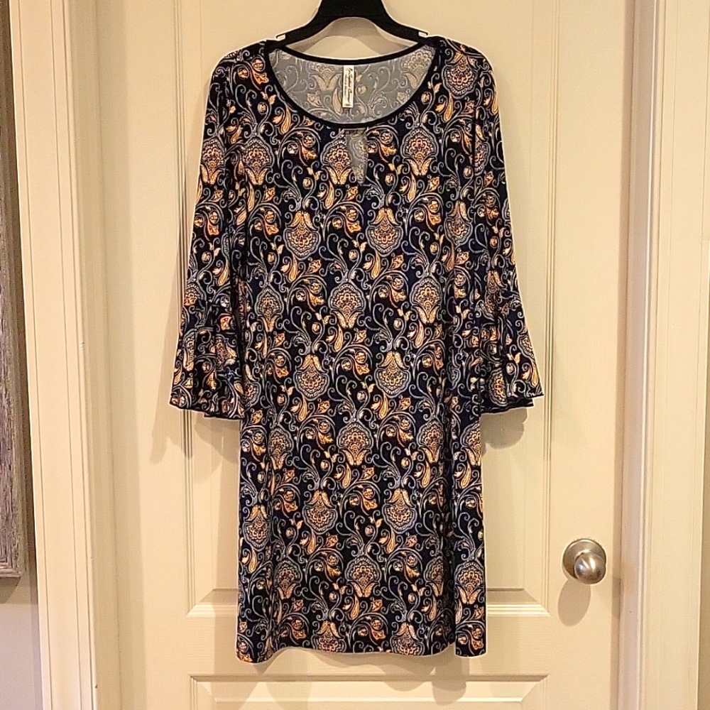 PerSeption Concept and navy & yellow print stretch dress. Size Medium